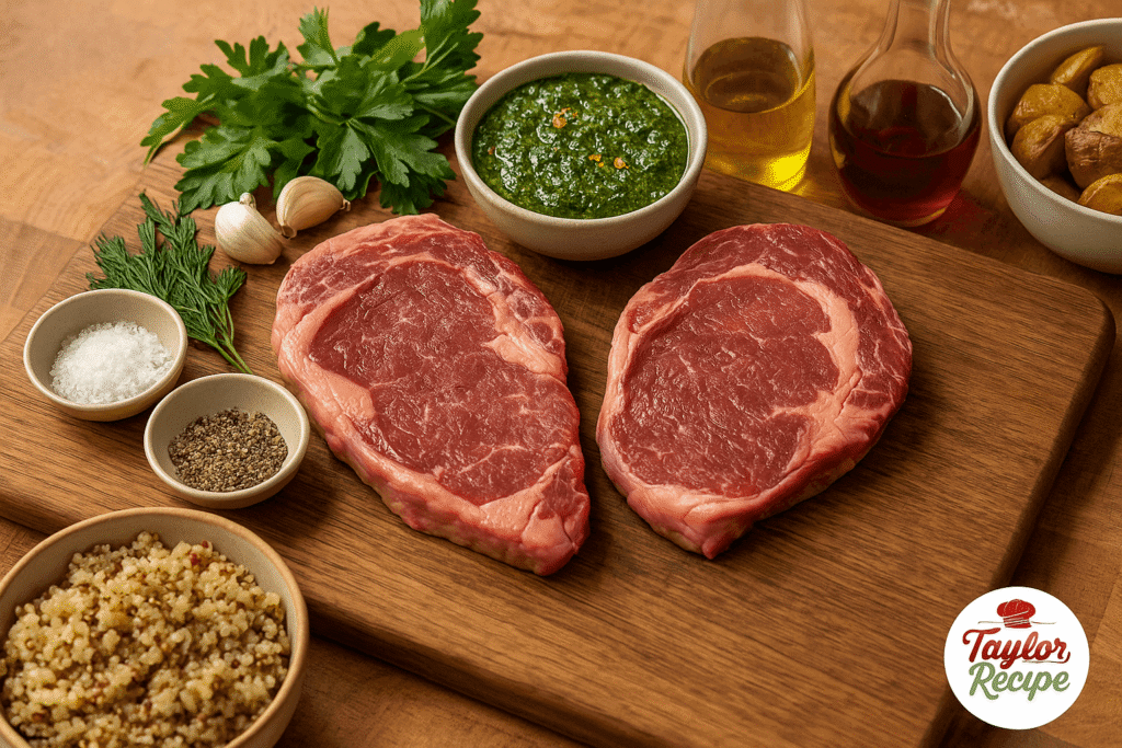 A variety of fresh ingredients, including meat, vegetables, grains, and herbs, arranged on a kitchen counter.