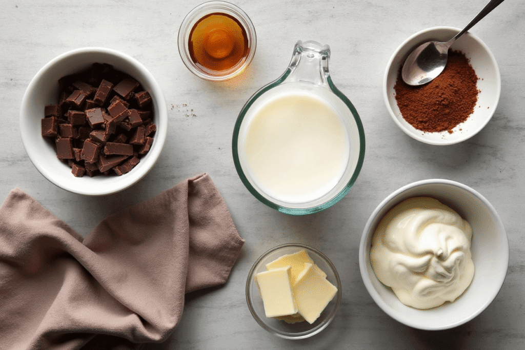 Essential ingredients for making rich fudge ganache, including chopped dark chocolate, heavy cream, and optional add-ins.