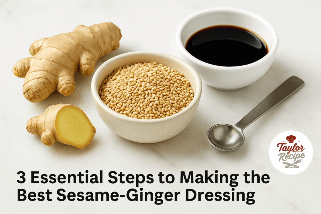 Fresh ginger, sesame seeds, soy sauce, rice vinegar, and honey arranged on a kitchen counter.