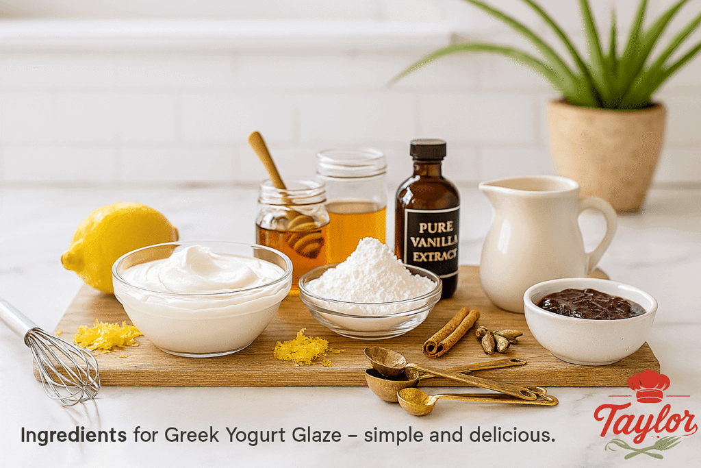 Ingredients for Greek yogurt glaze arranged on a wooden counter, including yogurt, powdered sugar, honey, and lemon zest