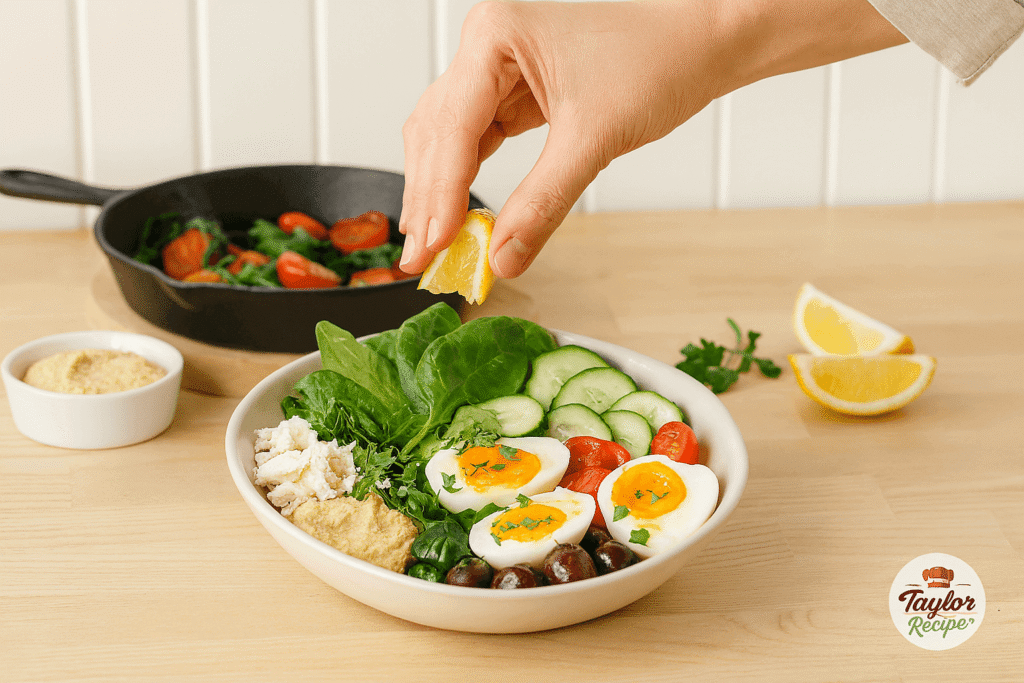 Step-by-step assembly of a colorful breakfast bowl with hummus, greens, vegetables, and a soft-boiled egg.