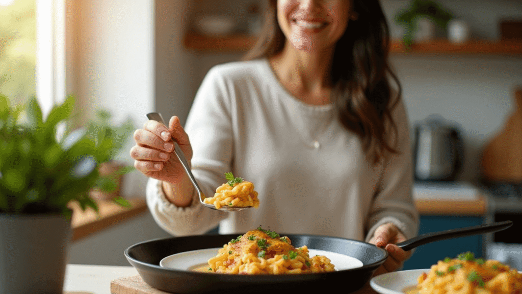 Smiling woman serving cheesy pasta dinner in a sunny kitchen