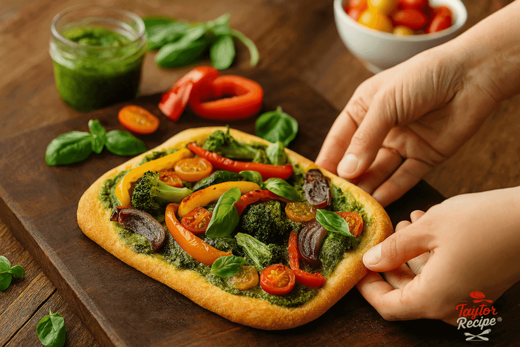 Hands serving roasted veggie and pesto flatbread on a table with fresh ingredients