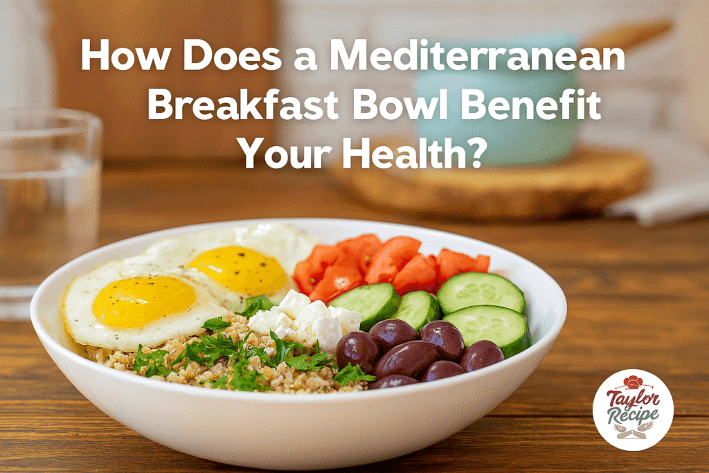 Mediterranean breakfast bowl served on a rustic table with fresh vegetables, grains, hummus, eggs, and herbs, introducing a healthy morning meal.