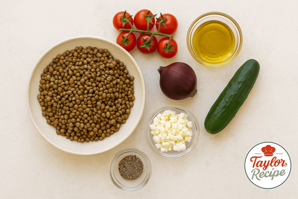 Fresh ingredients for a Mediterranean lentil salad on a marble surface, including lentils, tomatoes, cucumber, red onion, feta, parsley, olive oil, and pepper.