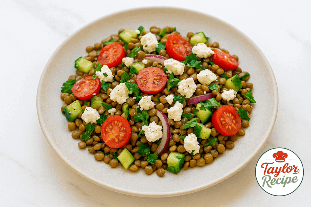 Mediterranean lentil salad served on a plate with lentils, cherry tomatoes, cucumber, red onion, feta cheese, and parsley.