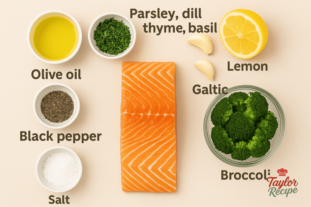 Fresh salmon, lemons, parsley, garlic, and olive oil on a wooden board