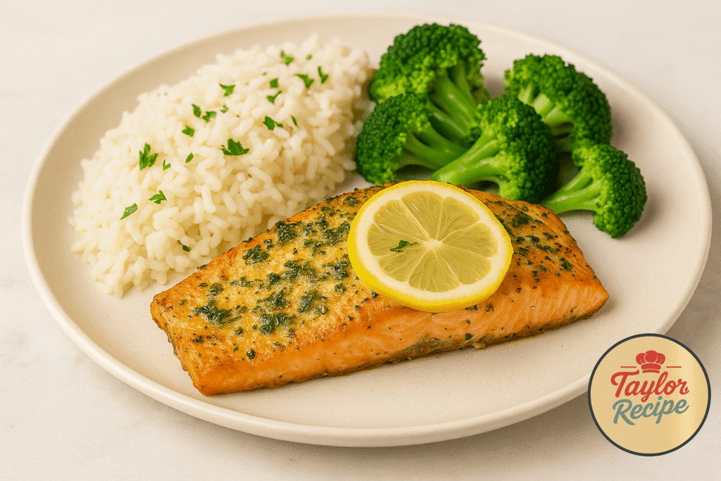 Lemon herb salmon with bright yellow lemons and green herbs in the background