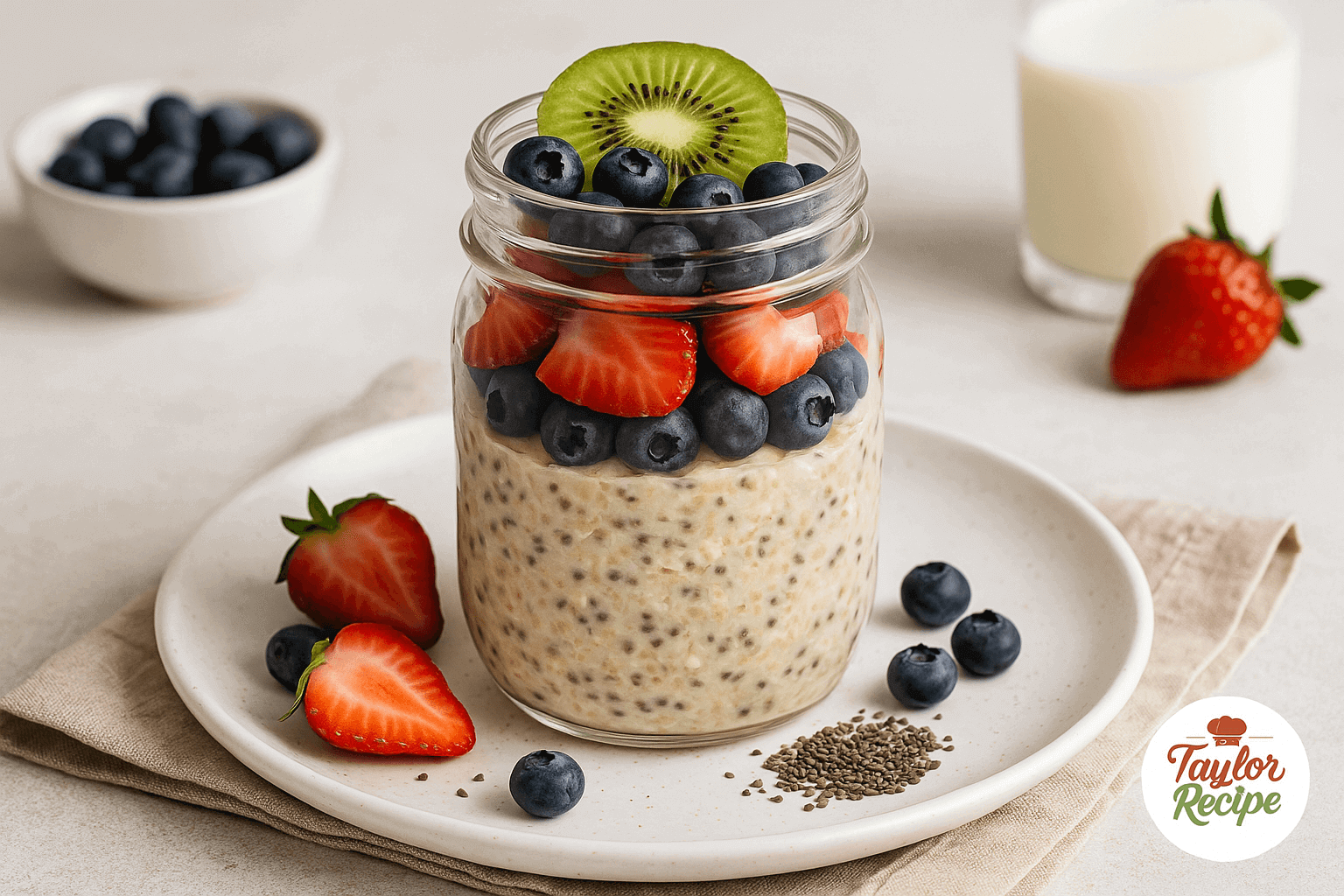 Healthy jar of overnight oats with chia seeds topped with fresh fruit on a wooden table