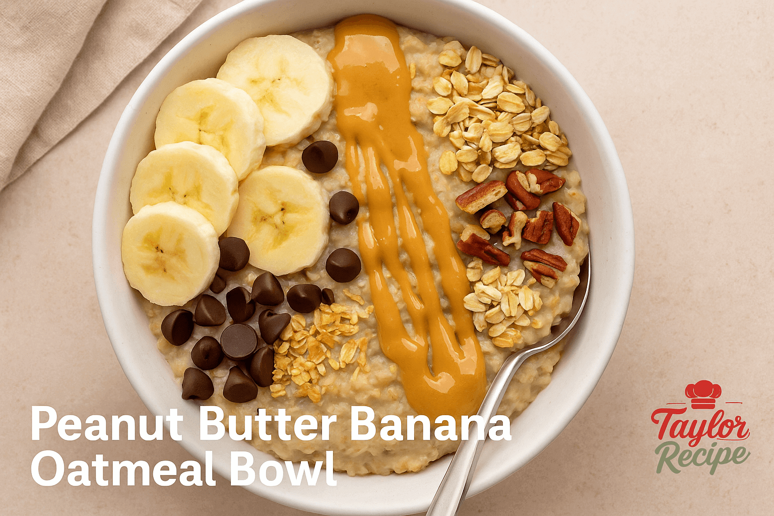 Peanut butter banana oatmeal served in a bowl with sliced bananas and a drizzle of peanut butter