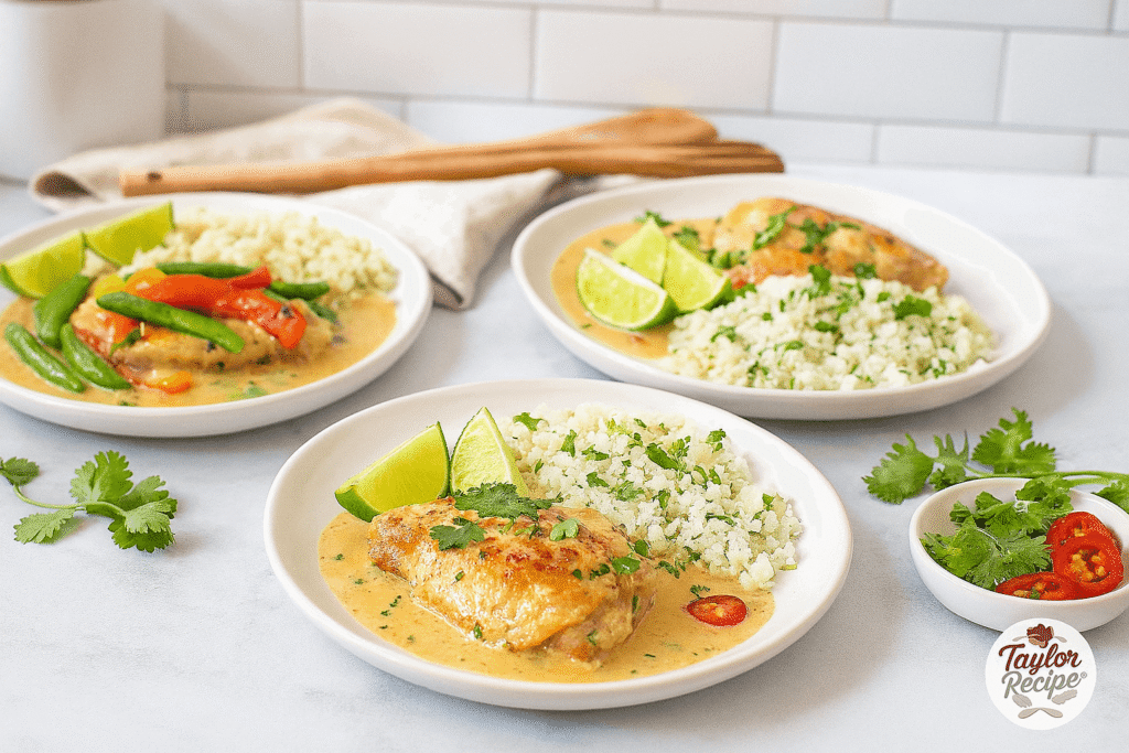 Plates of different dinner variations — one with added vegetables, one served over cauliflower rice — styled creatively.