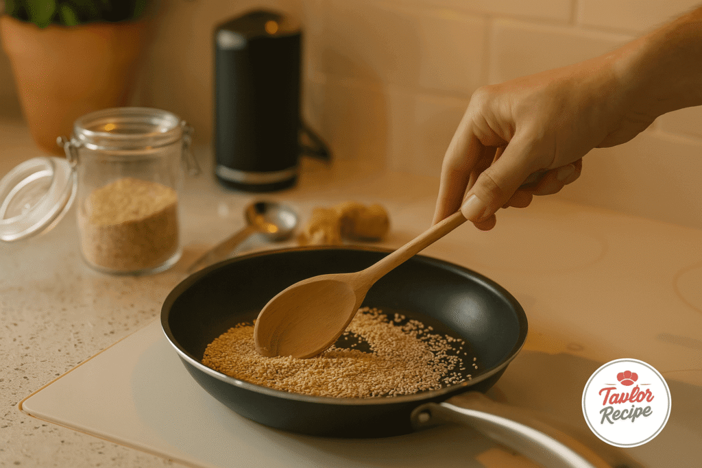 Toasting sesame seeds in a skillet for sesame-ginger dressing.