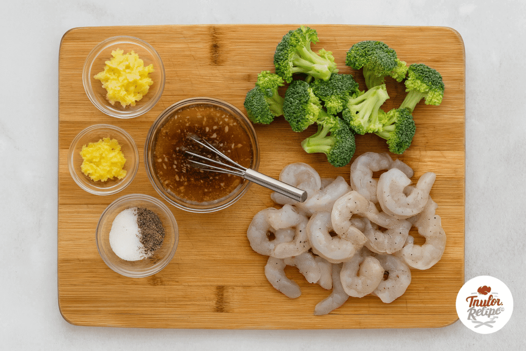 Fresh ingredients prepped for honey garlic shrimp stir-fry