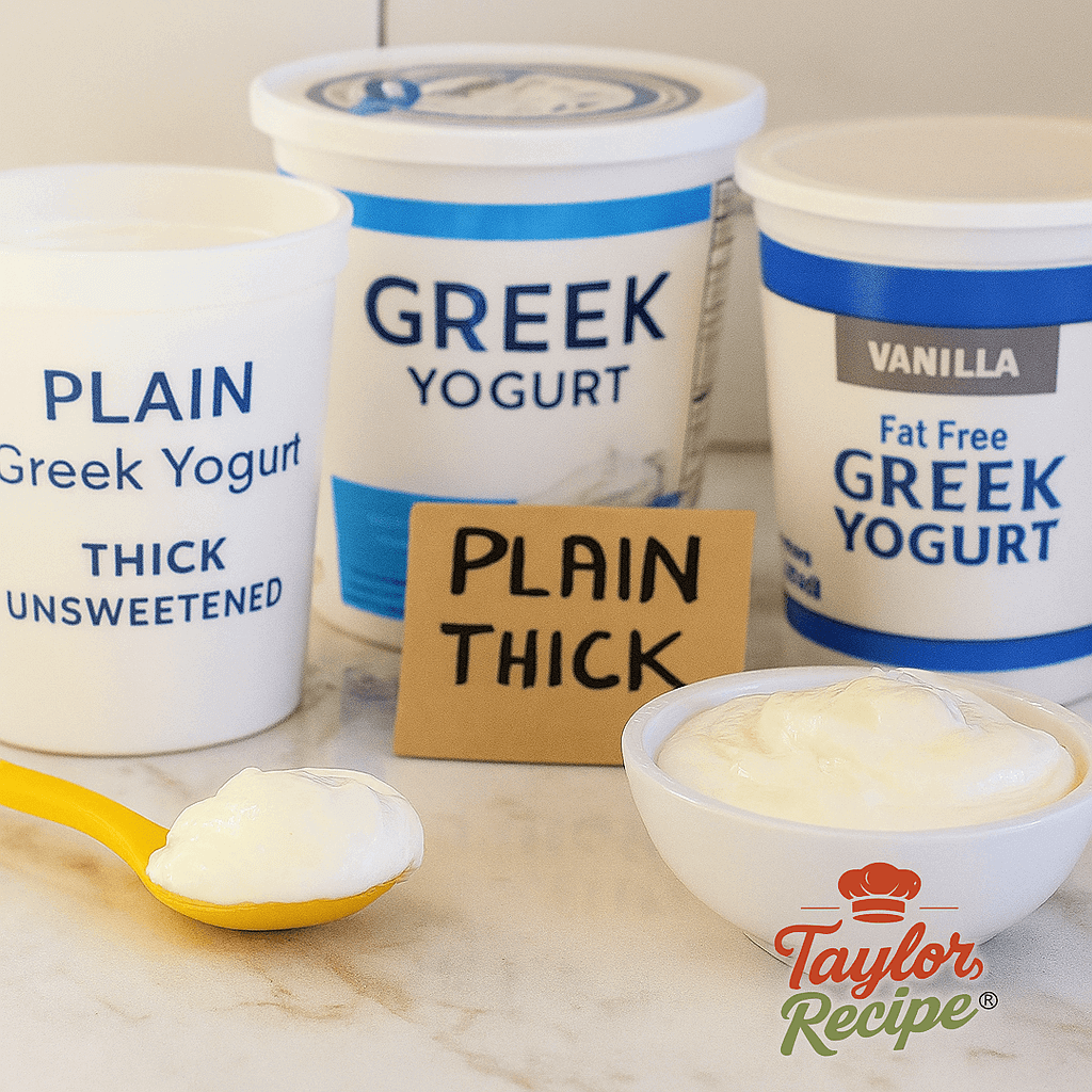 Various containers of plain, thick Greek yogurt on a kitchen counter, ready to make Greek yogurt glaze