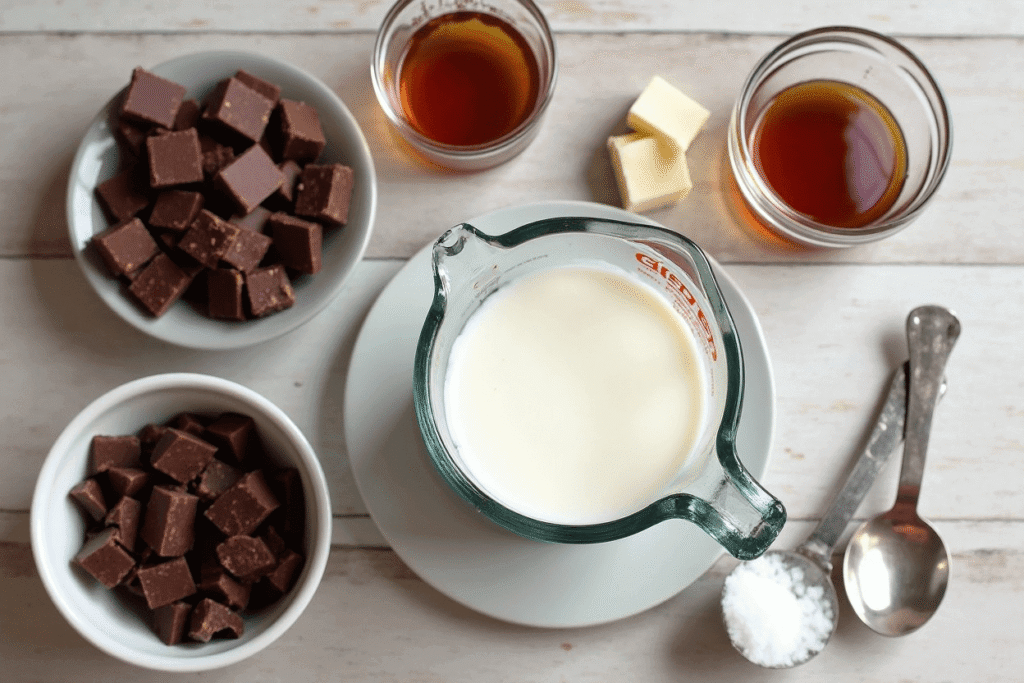 Flat lay of essential ingredients for rich fudge ganache, including chopped dark chocolate, heavy cream, butter, and vanilla.