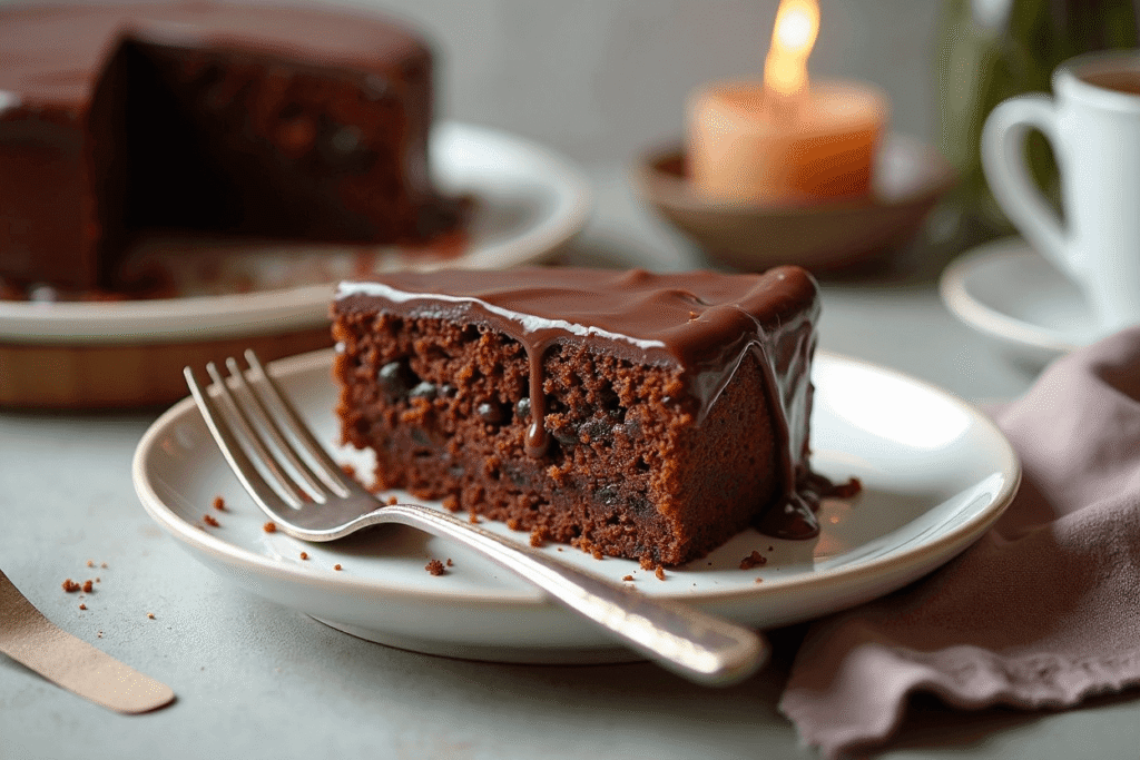 A slice of chocolate cake served on a dessert plate with a fork, ready to enjoy.