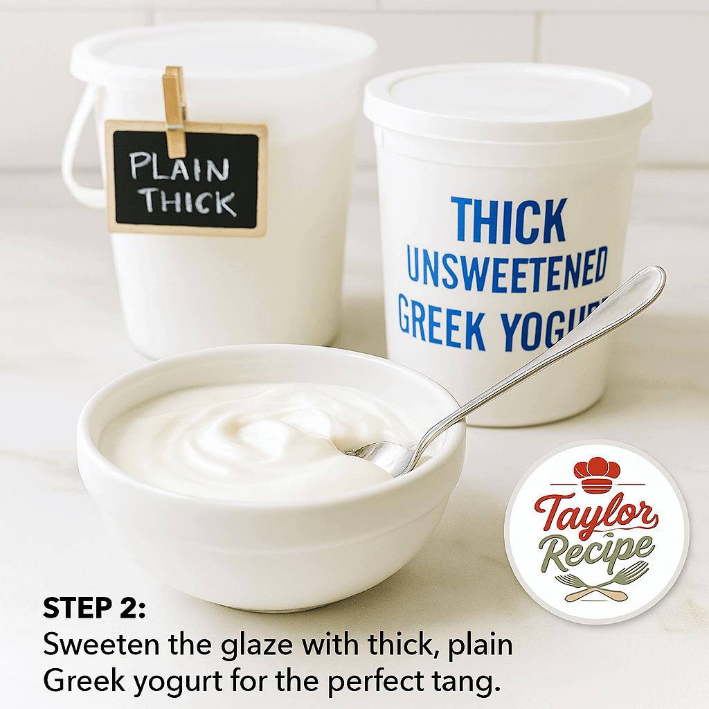 Bowls of powdered sugar, honey, and maple syrup next to Greek yogurt for making Greek yogurt glaze