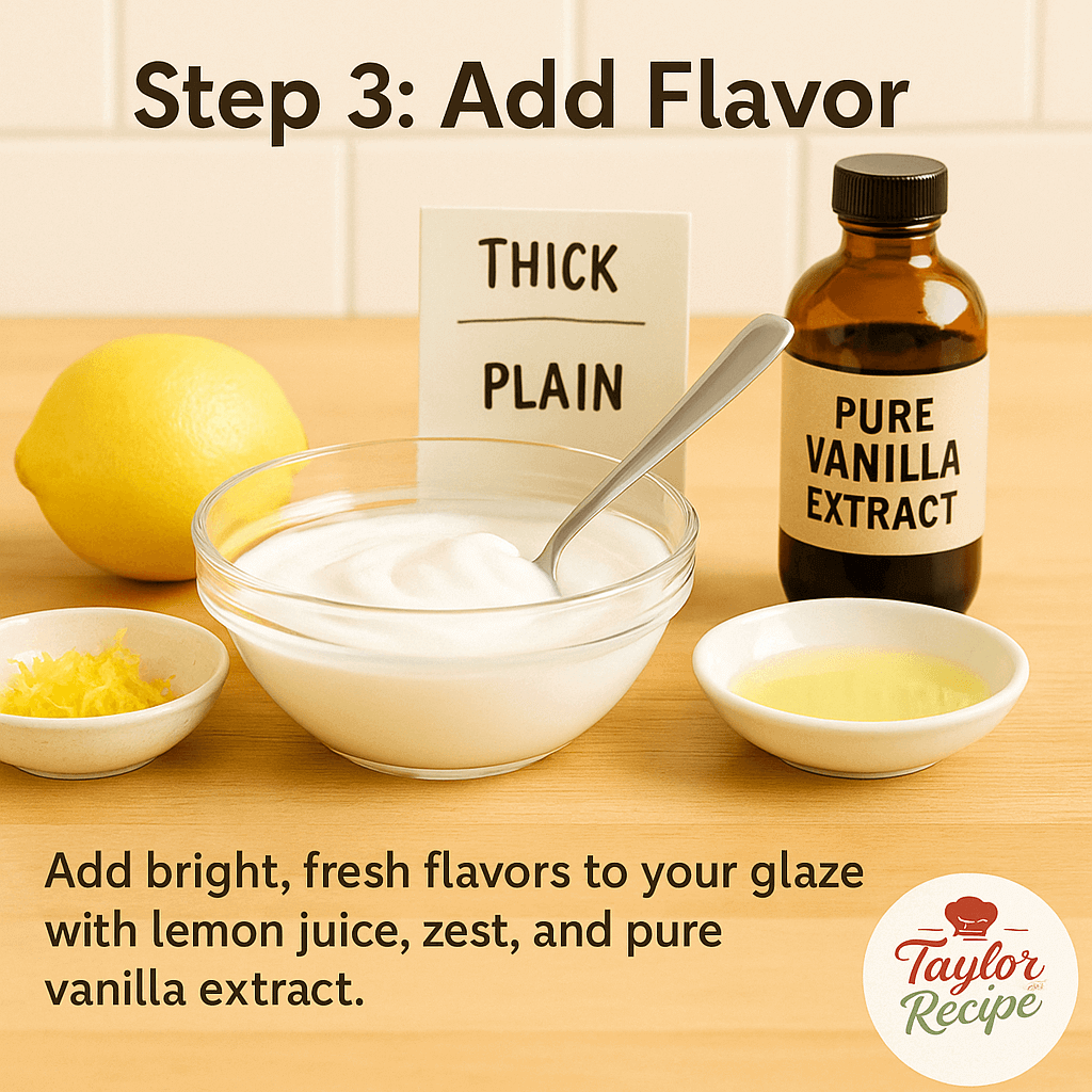 Small bowls of lemon zest, vanilla extract, and cinnamon next to Greek yogurt for flavoring Greek yogurt glaze