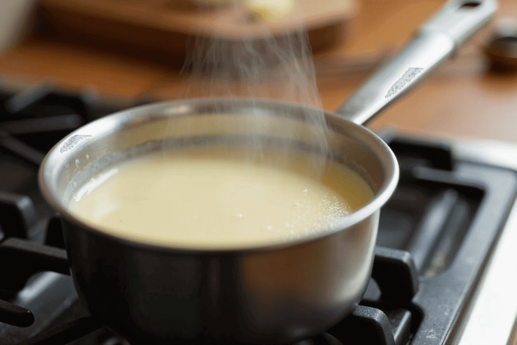 Heavy cream gently warming in a saucepan, ready to be poured over chocolate for rich fudge ganache.