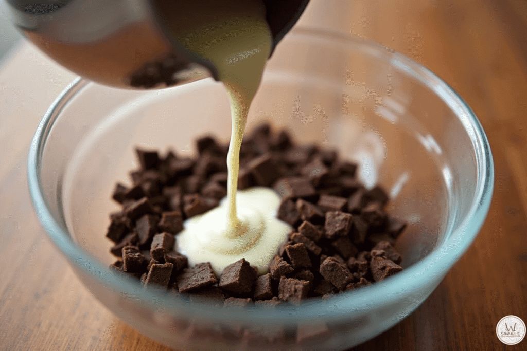 Warm cream being poured over chopped dark chocolate in a bowl to begin making rich fudge ganache.