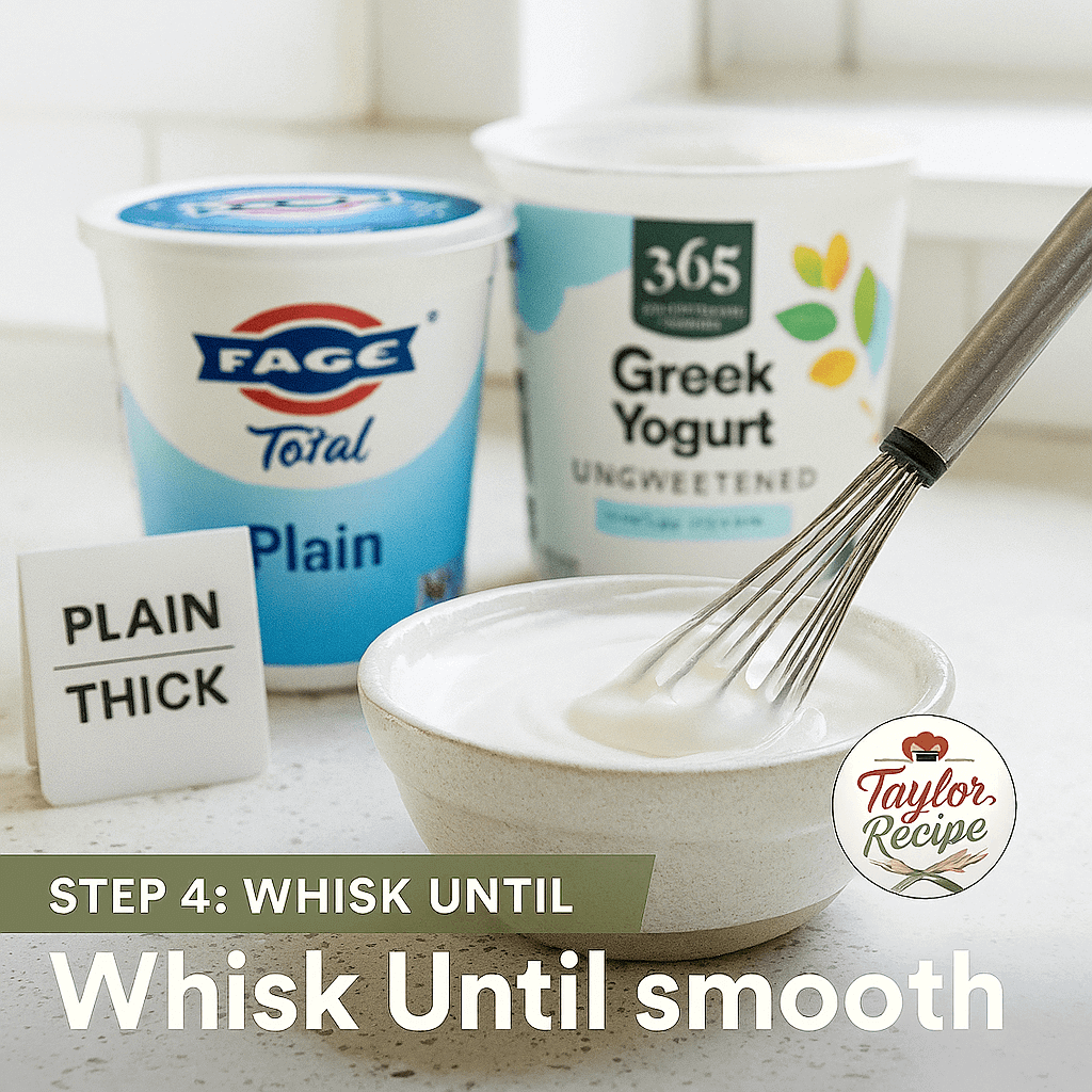 A whisk mixing Greek yogurt glaze in a bowl until creamy and smooth