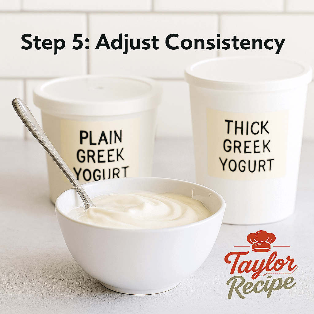 A spoon drizzling Greek yogurt glaze from a bowl, showing its smooth and pourable texture