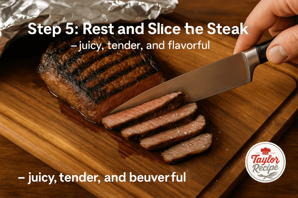 Steak resting under foil and being sliced on a wooden cutting board.