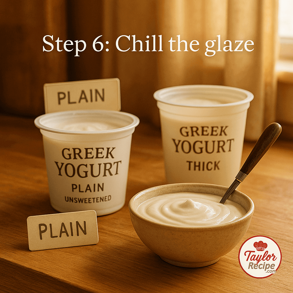 Bowl of Greek yogurt glaze resting in the fridge to chill and set