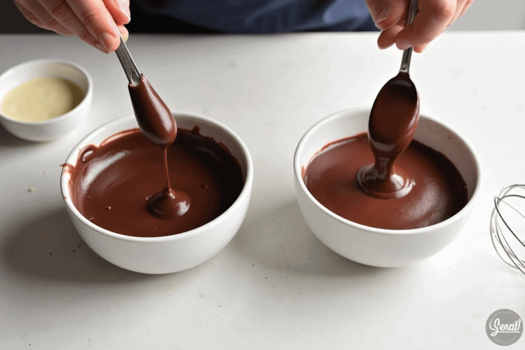 Chocolate ganache in a bowl being adjusted with a spoon to reach the desired thickness for pouring or spreading.