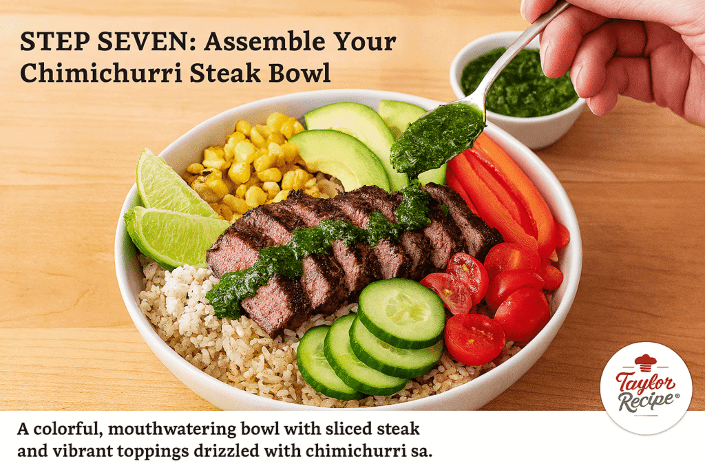 Juicy grilled steak served with grains, chimichurri sauce, and fresh vegetables.