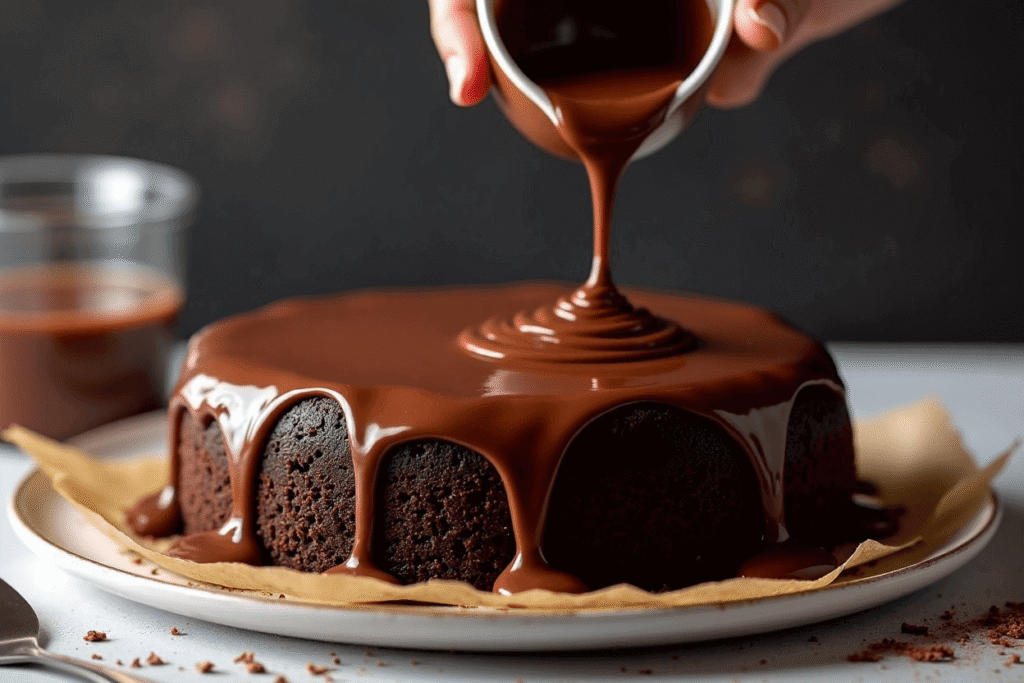 Warm chocolate ganache being drizzled over the top of a layered chocolate cake on a stand.