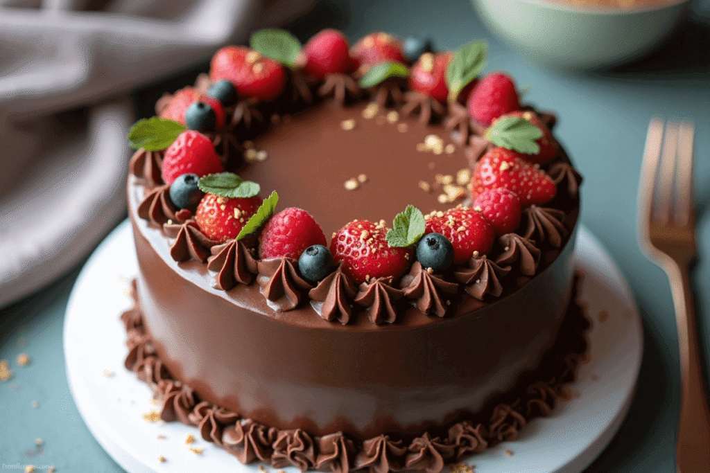 A decorated chocolate cake topped with ganache, fresh berries, chocolate shavings, and edible flowers.