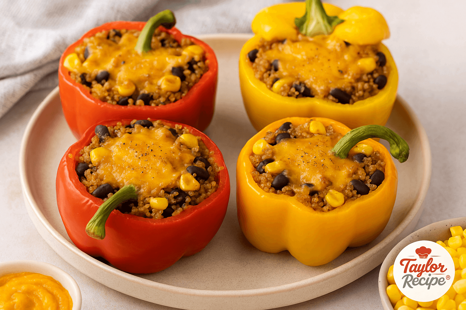 Stuffed bell peppers with quinoa, black beans, and cheddar in a baking dish
