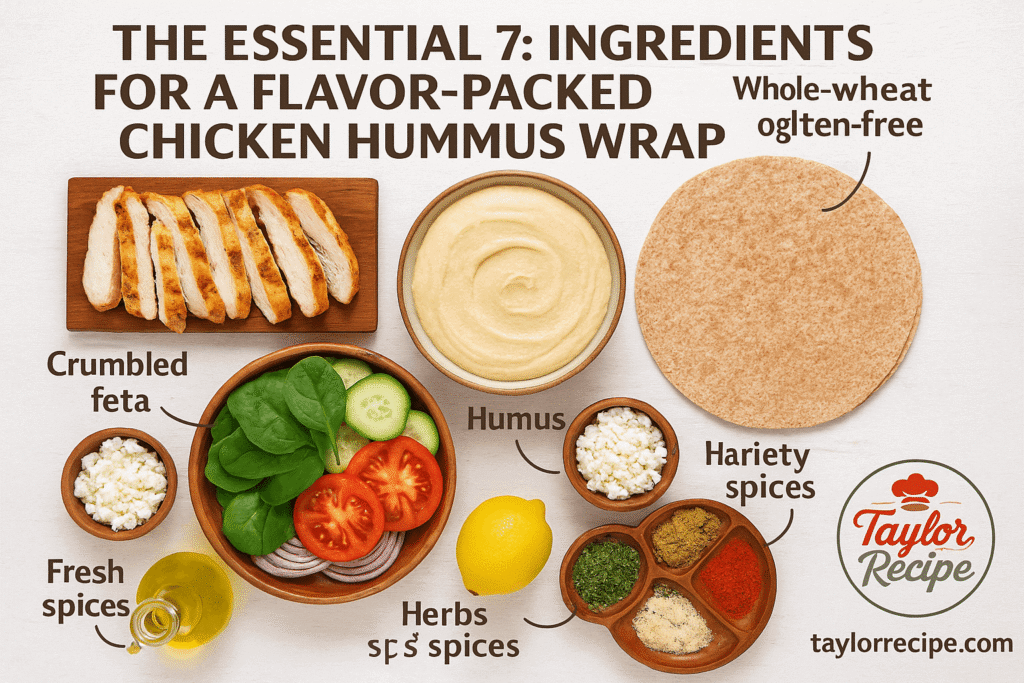 Flat lay of seven key chicken hummus wrap ingredients on a white wooden surface, including grilled chicken, hummus, whole-wheat wrap, fresh vegetables, herbs, spices, olive oil, lemon, and feta cheese. Each ingredient is labeled with clean typography, and the Taylor Recipe logo is in the bottom-right corner.