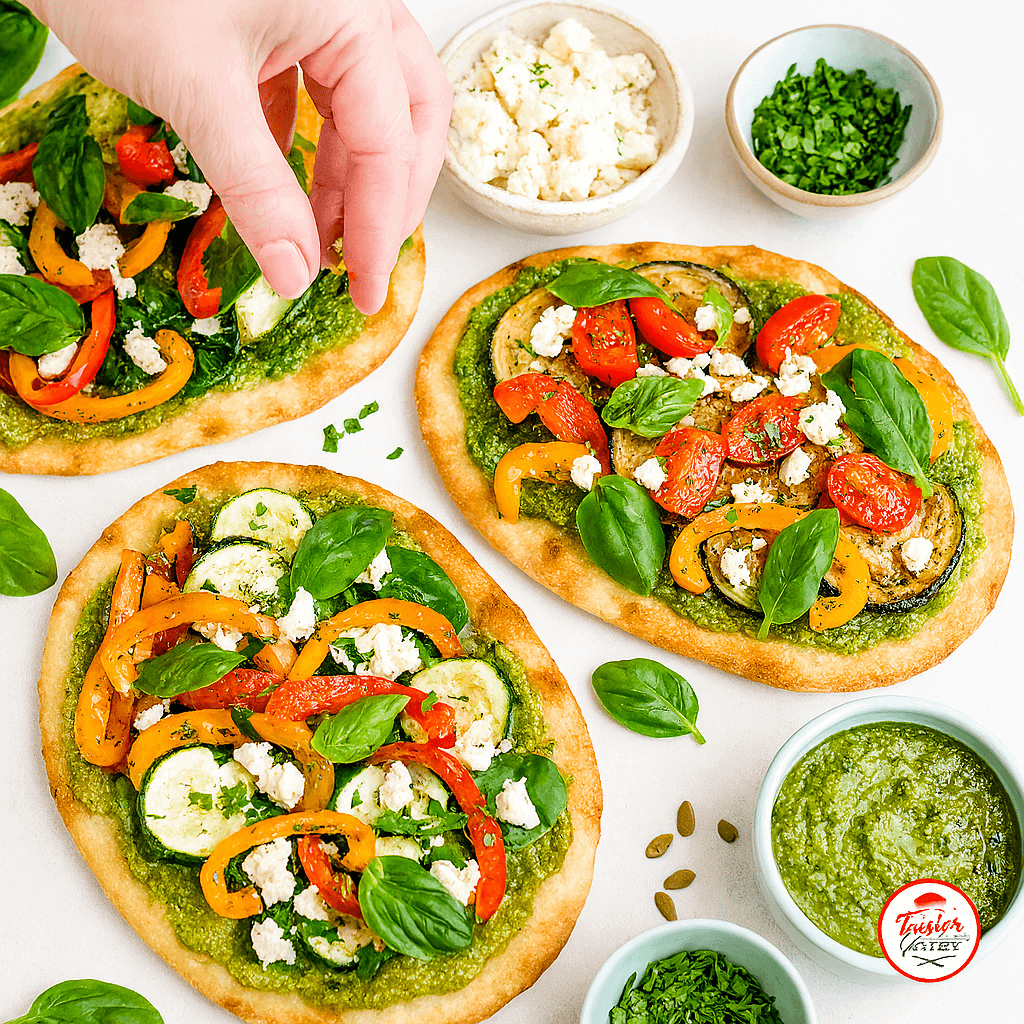 Variety of flatbread combinations with different toppings, cheeses, and herbs