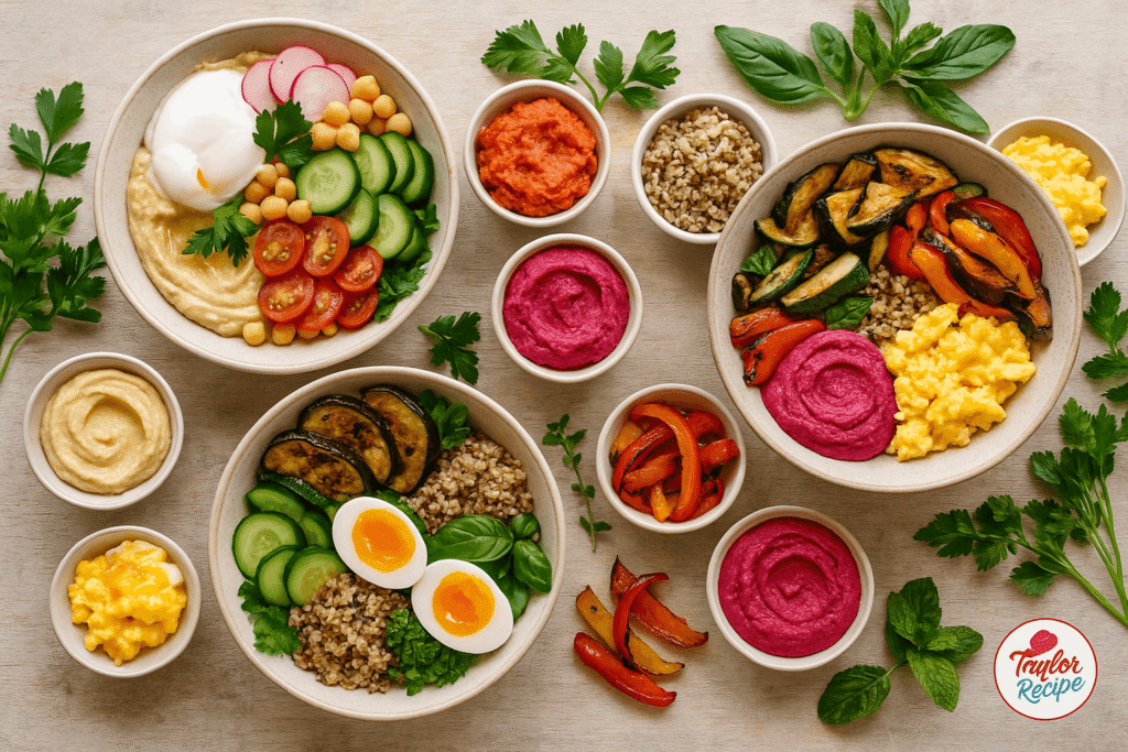 Assorted breakfast bowls with colorful toppings and fresh ingredients on a rustic table.