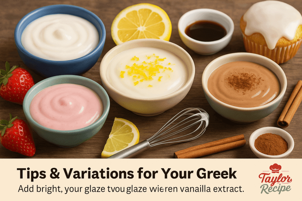 Bowls of Greek yogurt glaze in different flavors — classic white, lemon, and pink berry — with garnishes