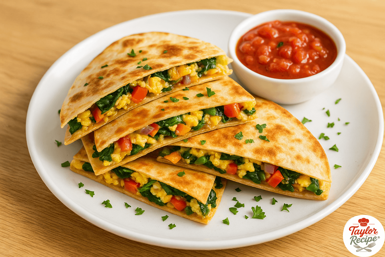 Healthy breakfast quesadilla filled with scrambled eggs, sautéed vegetables, and melted cheese, cut into wedges and served with salsa and avocado.