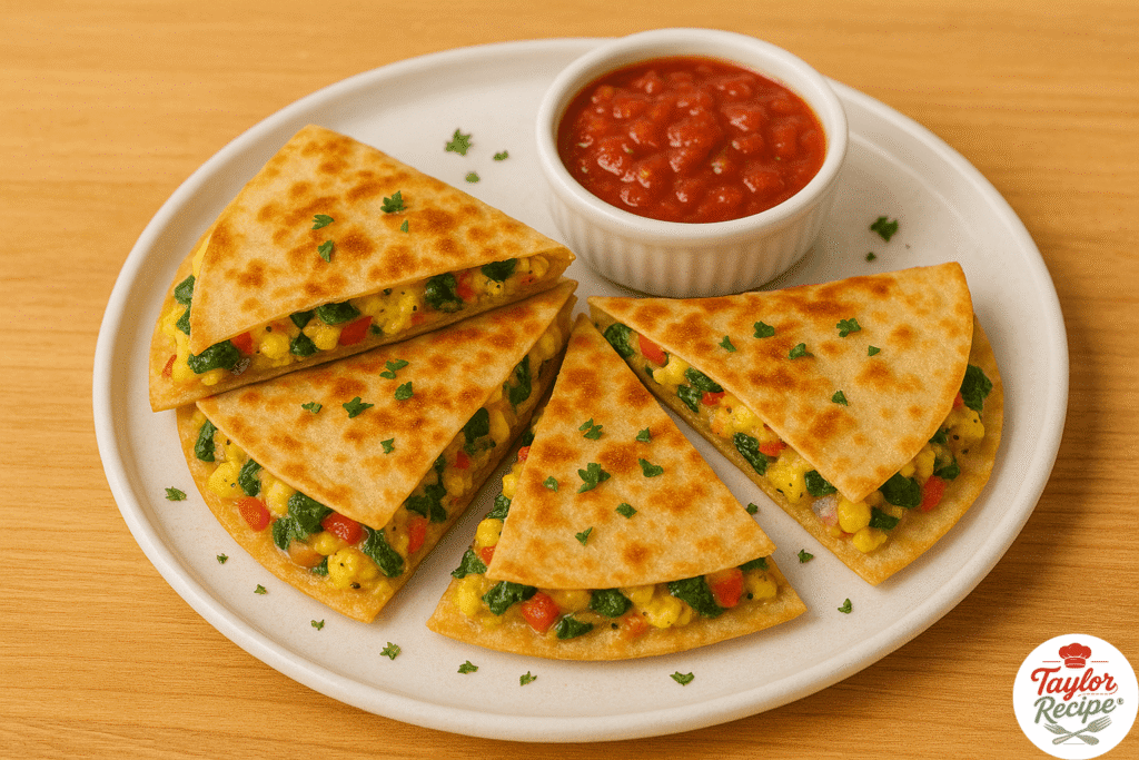 Close-up of a healthy breakfast quesadilla filled with eggs, colorful vegetables, and cheese on a white plate, ready to serve.
