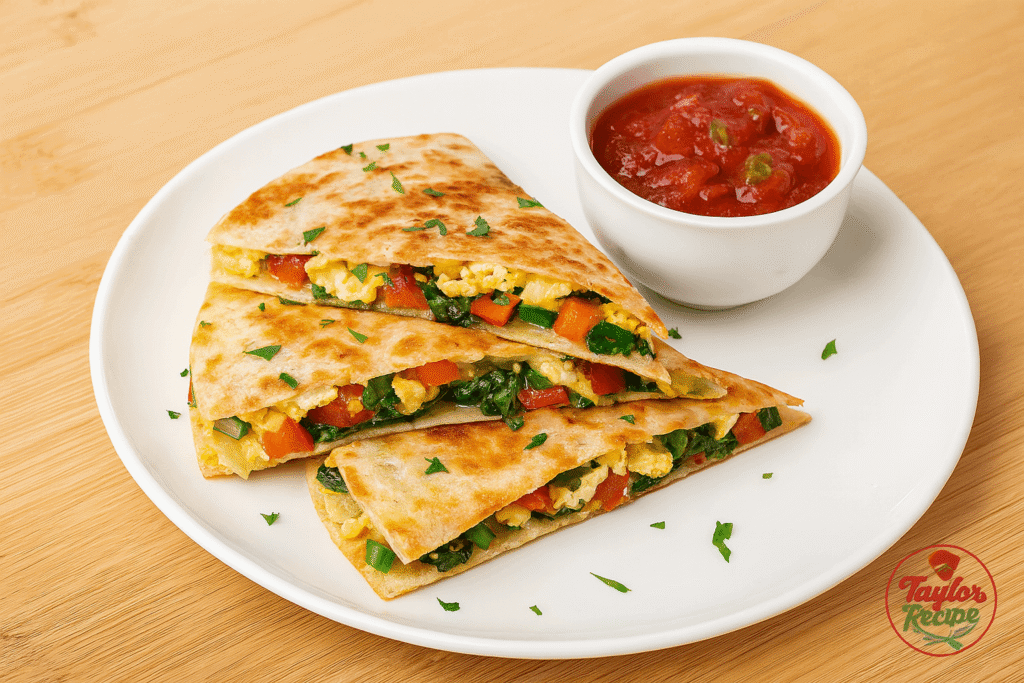 Healthy breakfast quesadilla slices served on a plate with avocado, fresh herbs, and a side of salsa for dipping.