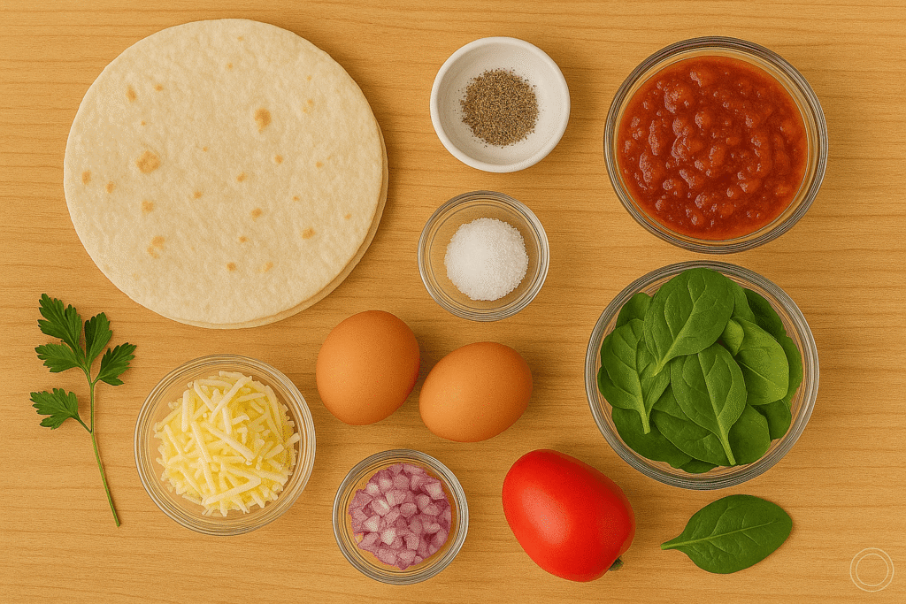 Ingredients for a healthy breakfast quesadilla including eggs, bell peppers, onions, mushrooms, spinach, tortillas, and shredded cheese arranged on a countertop.