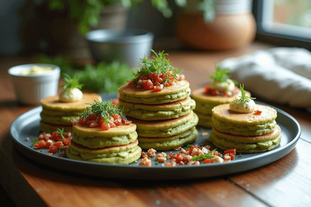 A colorful assortment of green tea pancakes topped with flavorful, creative ingredients.