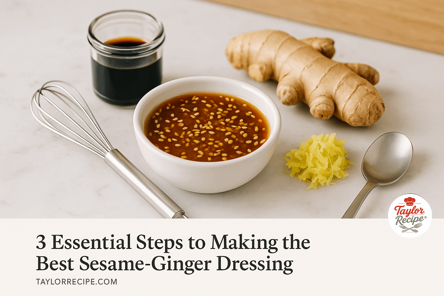 Bowl of homemade sesame-ginger dressing with toasted sesame seeds, fresh ginger, and soy sauce on a wooden counter.