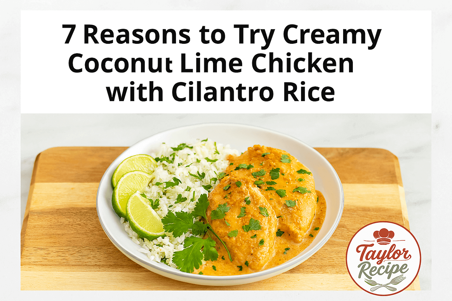 A plated dish of creamy coconut lime chicken with cilantro rice, garnished with fresh cilantro and lime wedges on a wooden table.