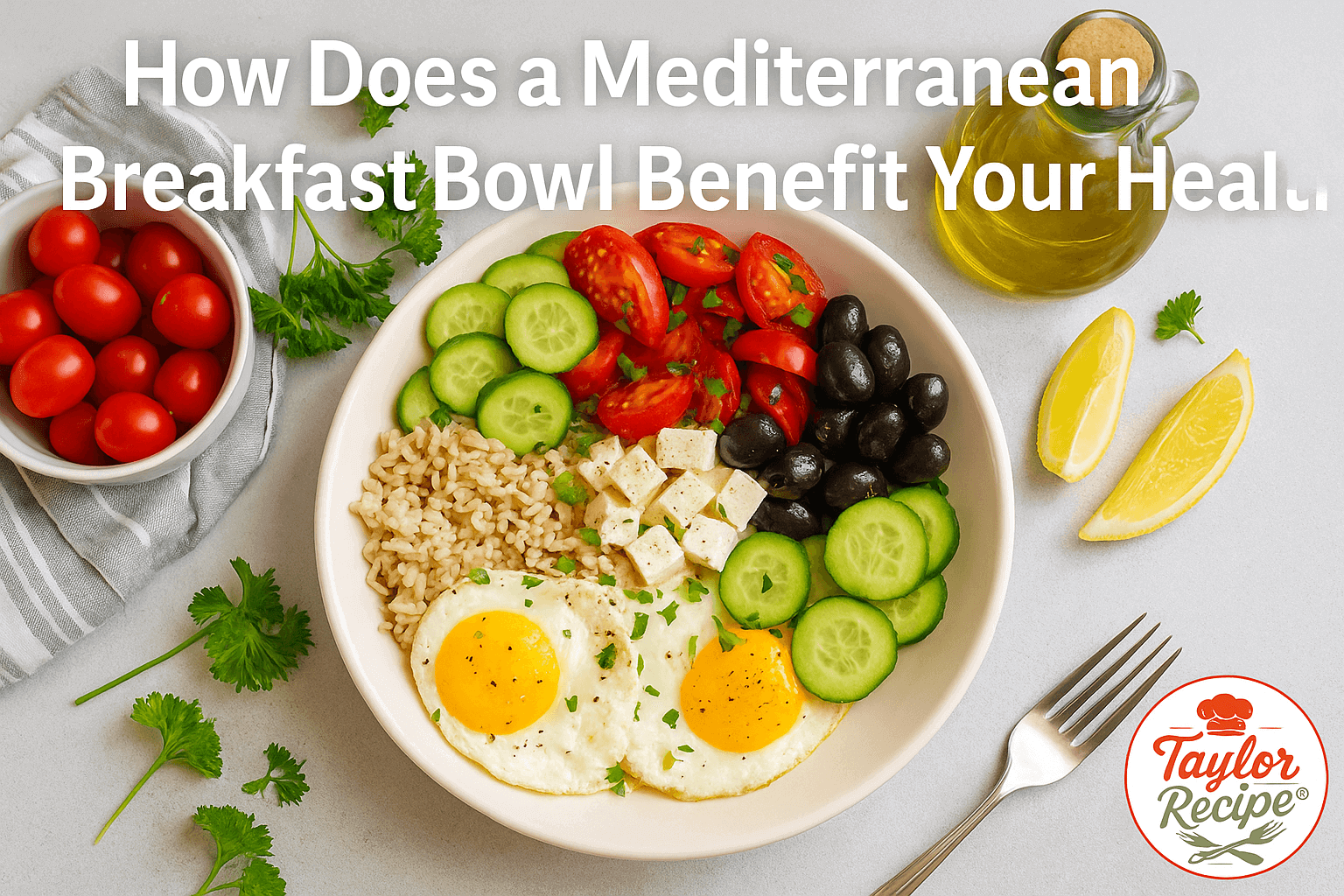 Mediterranean breakfast bowl on a rustic table with fresh vegetables, eggs, hummus, and herbs, symbolizing a healthy start to the day.