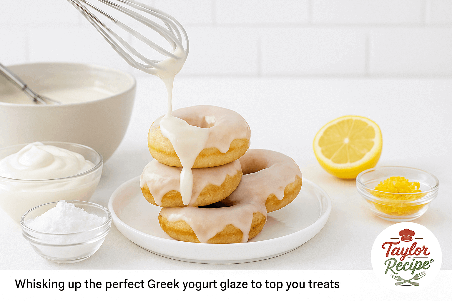 Greek yogurt glaze dripping over a bundt cake with a bowl of yogurt and lemon on the side