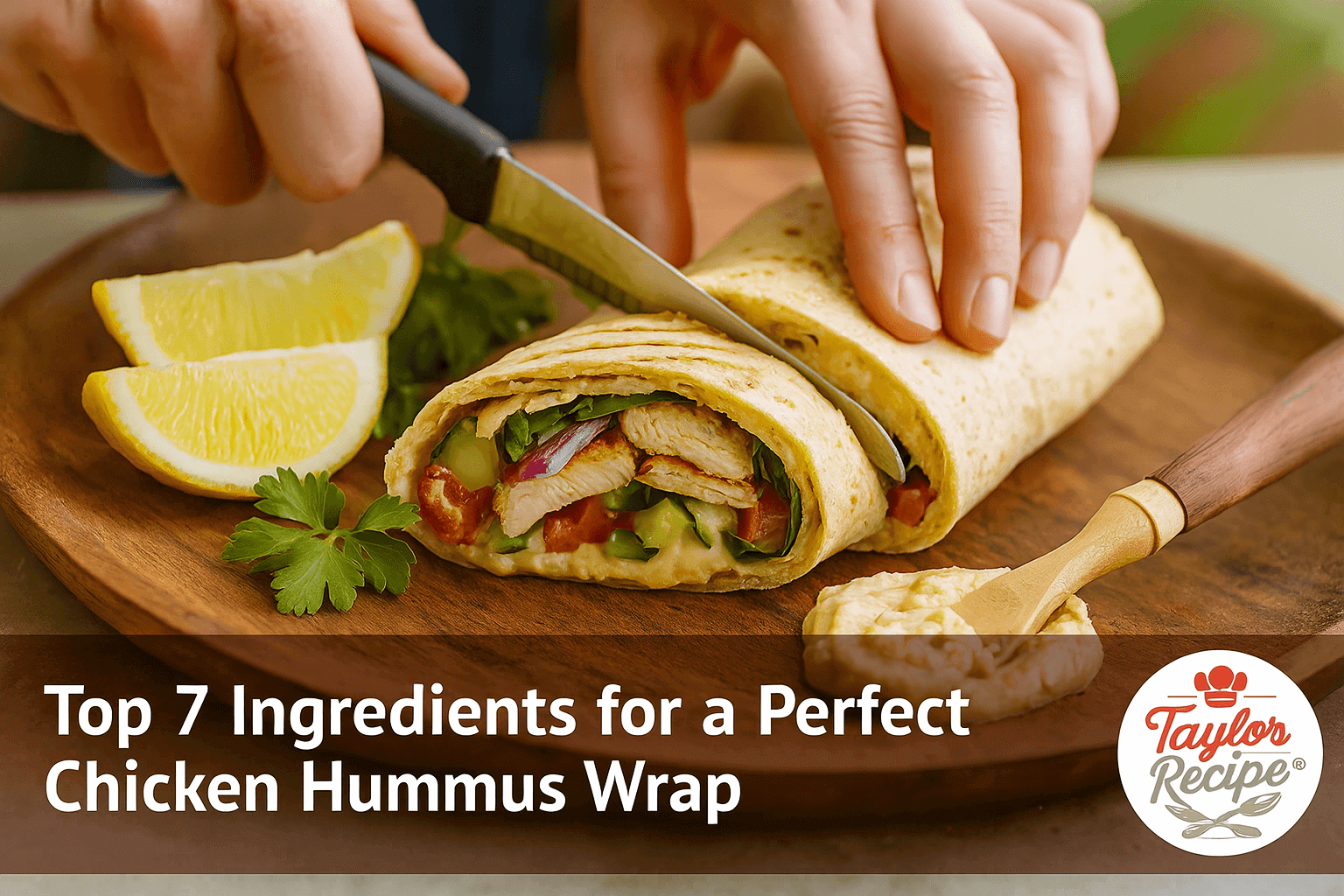 Delicious chicken hummus wrap sliced to reveal grilled chicken, hummus, and fresh vegetables inside a whole-grain wrap