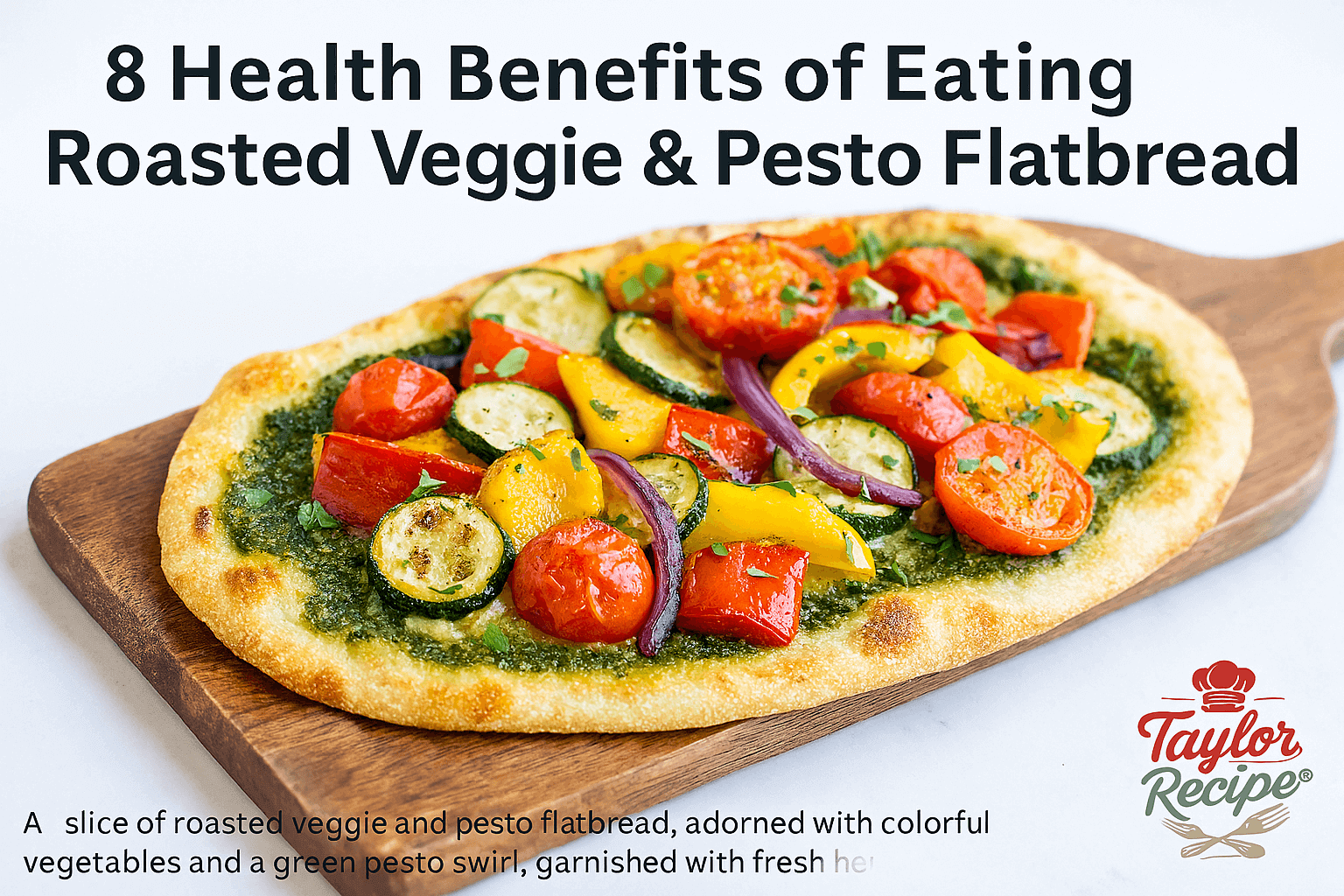 Roasted veggie and pesto flatbread with colorful vegetables on a rustic board