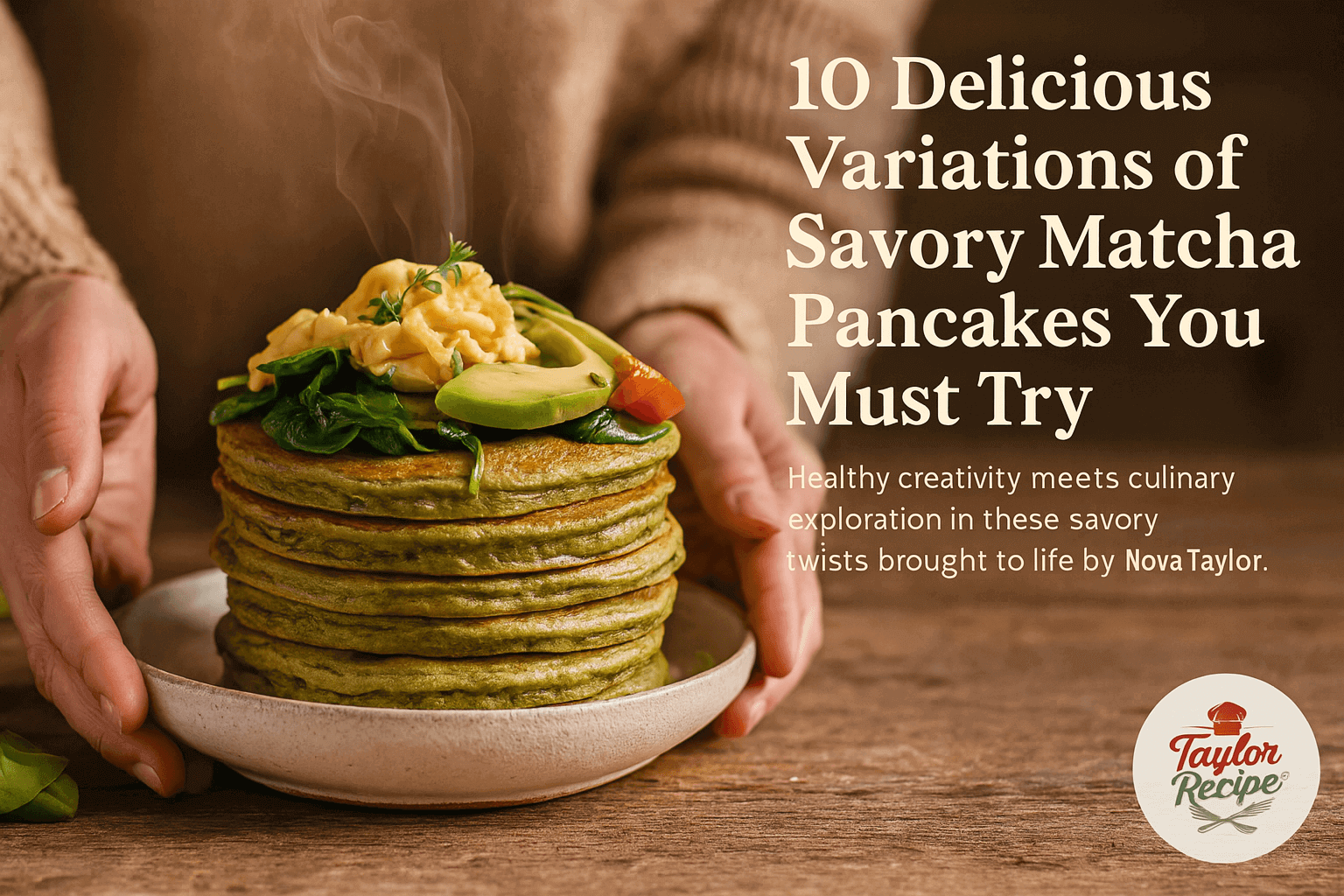 A stack of savory matcha pancakes garnished with herbs and vegetables, served on a plate.