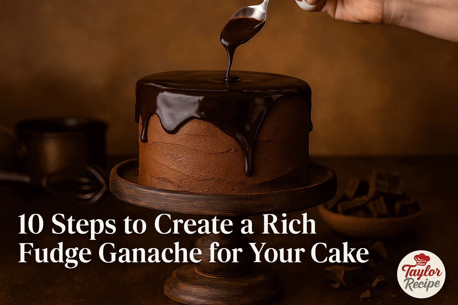 A smooth stream of rich fudge ganache being poured over a chocolate cake from above, creating a glossy, decadent topping.